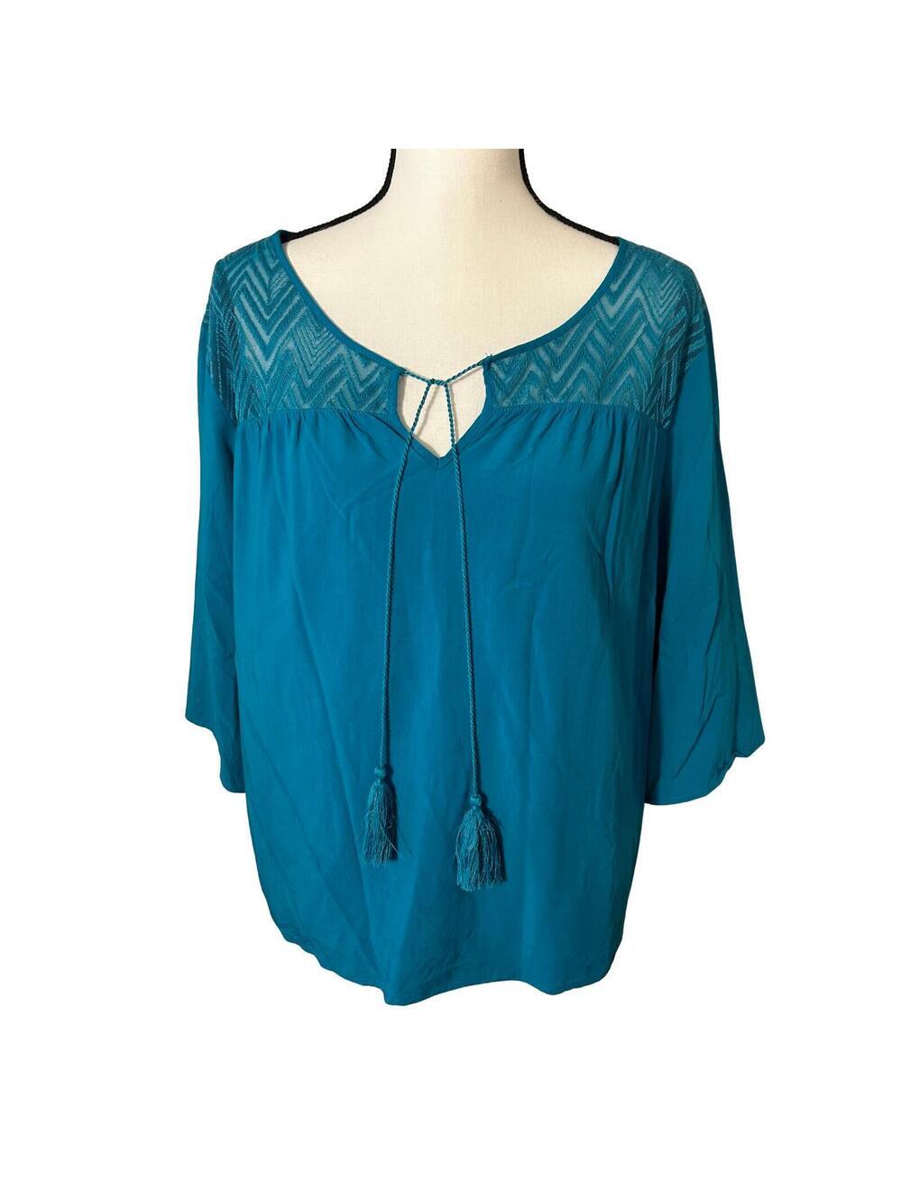 Ariat Turquoise Rayon Lace Yoke Tassel Tie Blouse Top Size L/G